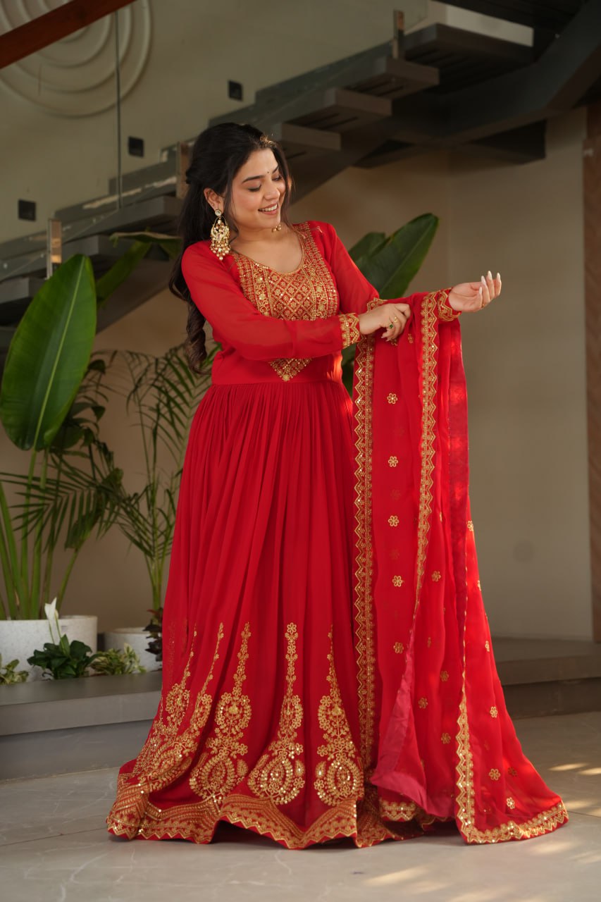 Sonakshi Women's Red Faux Blooming Embroidered Zari Sequence Work Anarkali Gown Set With Dupatta - Distacart