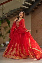 Sonakshi Women's Red Faux Blooming Embroidered Zari Sequence Work Anarkali Gown Set With Dupatta - Distacart
