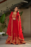 Sonakshi Women's Red Faux Blooming Embroidered Zari Sequence Work Anarkali Gown Set With Dupatta - Distacart