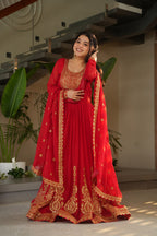 Sonakshi Women's Red Faux Blooming Embroidered Zari Sequence Work Anarkali Gown Set With Dupatta - Distacart