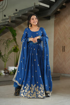 Sonakshi Women's Blue Chinnon Embroidered Zari Sequence Work Anarkali Gown Set With Dupatta - Distacart