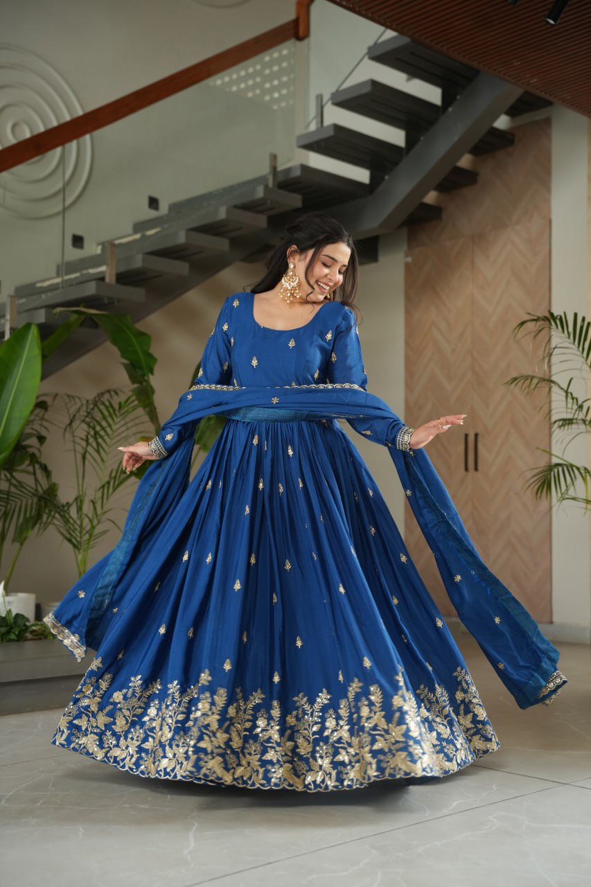 Sonakshi Women's Blue Chinnon Embroidered Zari Sequence Work Anarkali Gown Set With Dupatta - Distacart