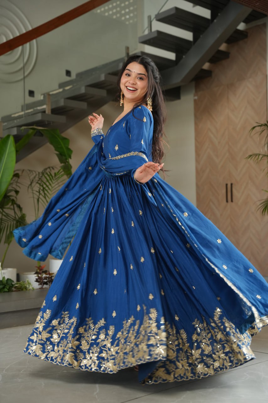 Sonakshi Women's Blue Chinnon Embroidered Zari Sequence Work Anarkali Gown Set With Dupatta - Distacart