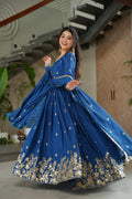 Sonakshi Women's Blue Chinnon Embroidered Zari Sequence Work Anarkali Gown Set With Dupatta - Distacart