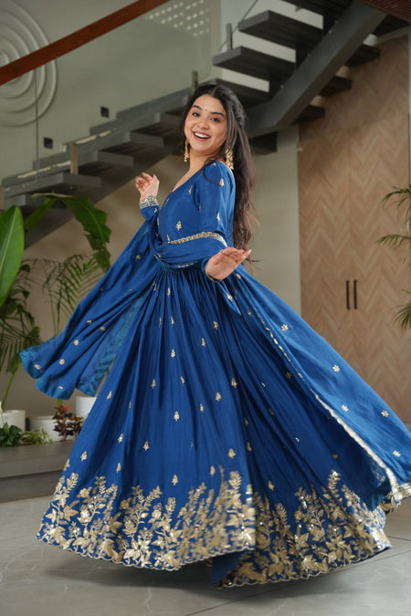 Sonakshi Women's Blue Chinnon Embroidered Zari Sequence Work Anarkali Gown Set With Dupatta