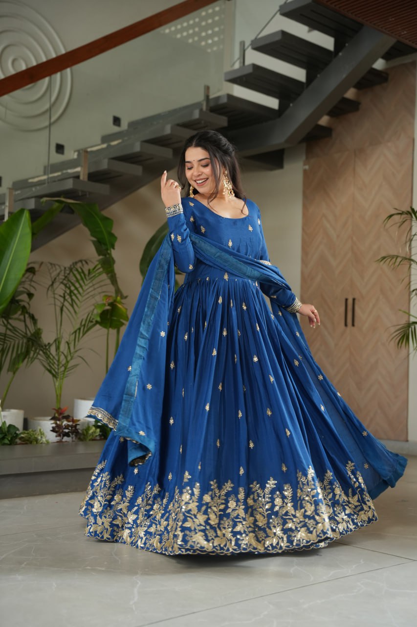 Sonakshi Women's Blue Chinnon Embroidered Zari Sequence Work Anarkali Gown Set With Dupatta - Distacart