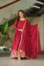 Sonakshi Women's Maroon Chinnon Embroidered Zari Sequence Work Anarkali Gown Set With Dupatta - Distacart