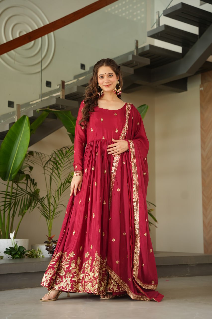 Sonakshi Women's Maroon Chinnon Embroidered Zari Sequence Work Anarkali Gown Set With Dupatta - Distacart