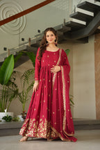 Sonakshi Women's Maroon Chinnon Embroidered Zari Sequence Work Anarkali Gown Set With Dupatta - Distacart