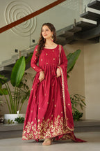 Sonakshi Women's Maroon Chinnon Embroidered Zari Sequence Work Anarkali Gown Set With Dupatta - Distacart