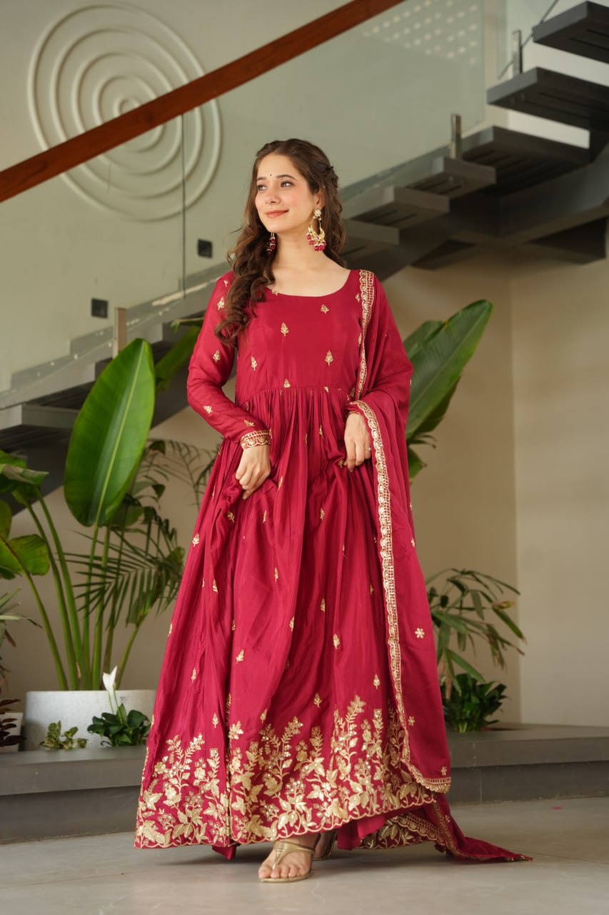 Sonakshi Women's Maroon Chinnon Embroidered Zari Sequence Work Anarkali Gown Set With Dupatta - Distacart
