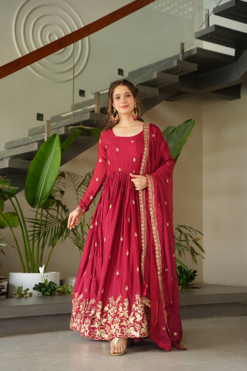 Sonakshi Women's Maroon Chinnon Embroidered Zari Sequence Work Anarkali Gown Set With Dupatta - Distacart