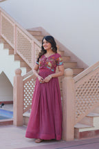 Sonakshi Women's Onion Kora Cotton Multi Thread Embroidered Anarkali Gown Set - Distacart