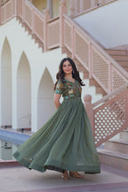 Sonakshi Women's Seagreen Kora Cotton Multi Thread Embroidered Anarkali Gown Set - Distacart