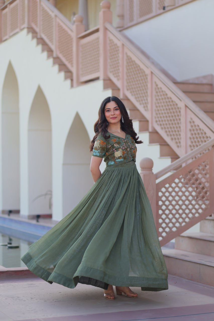 Sonakshi Women's Seagreen Kora Cotton Multi Thread Embroidered Anarkali Gown Set - Distacart
