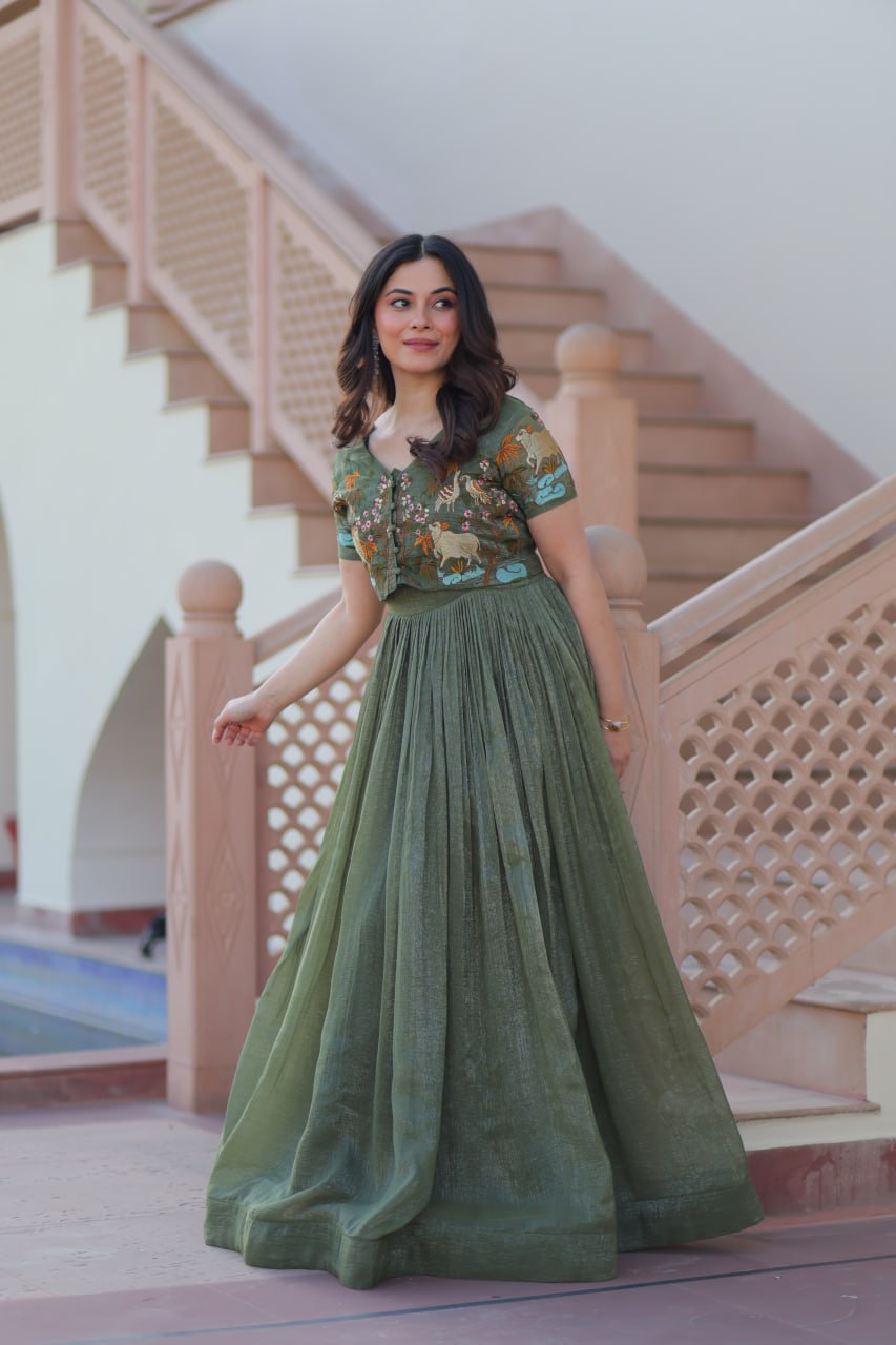 Sonakshi Women's Seagreen Kora Cotton Multi Thread Embroidered Anarkali Gown Set - Distacart
