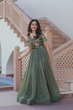 Sonakshi Women's Seagreen Kora Cotton Multi Thread Embroidered Anarkali Gown Set - Distacart