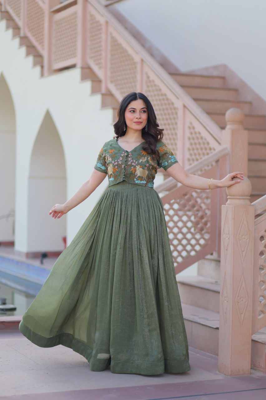 Sonakshi Women's Seagreen Kora Cotton Multi Thread Embroidered Anarkali Gown Set - Distacart