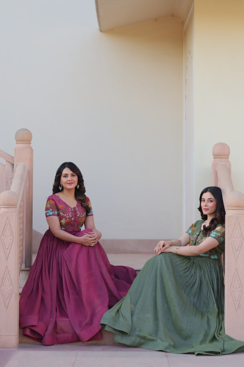 Sonakshi Women's Onion & Seagreen Kora Cotton Multi Thread Embroidered Anarkali Gown Set - Distacart