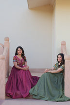 Sonakshi Women's Onion & Seagreen Kora Cotton Multi Thread Embroidered Anarkali Gown Set - Distacart
