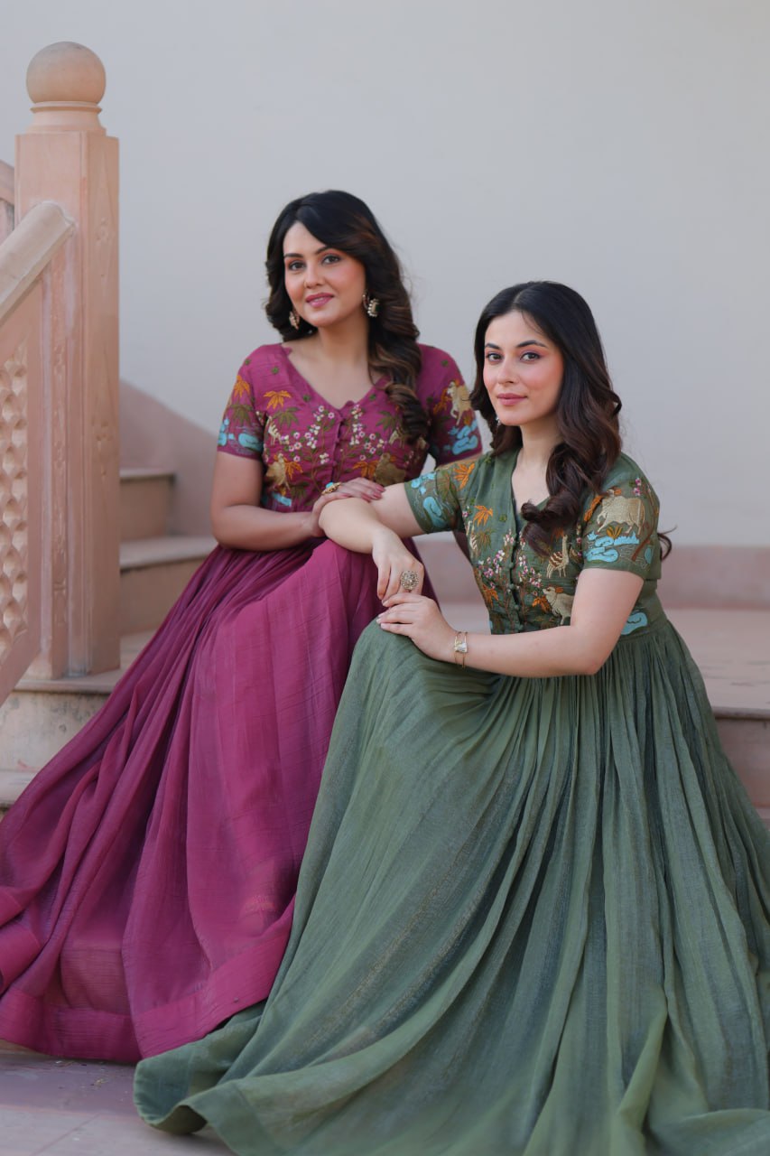 Sonakshi Women's Onion & Seagreen Kora Cotton Multi Thread Embroidered Anarkali Gown Set - Distacart