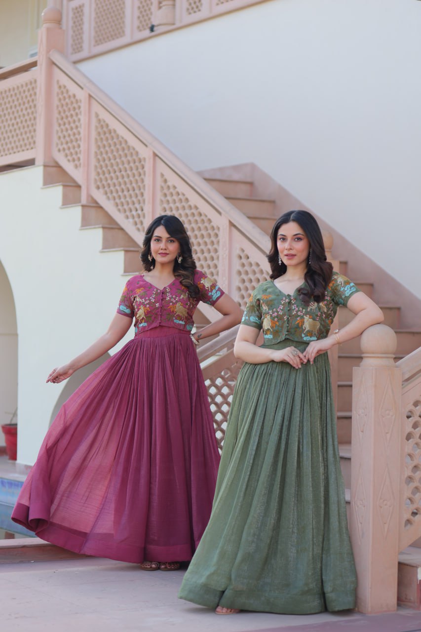 Sonakshi Women's Onion & Seagreen Kora Cotton Multi Thread Embroidered Anarkali Gown Set - Distacart