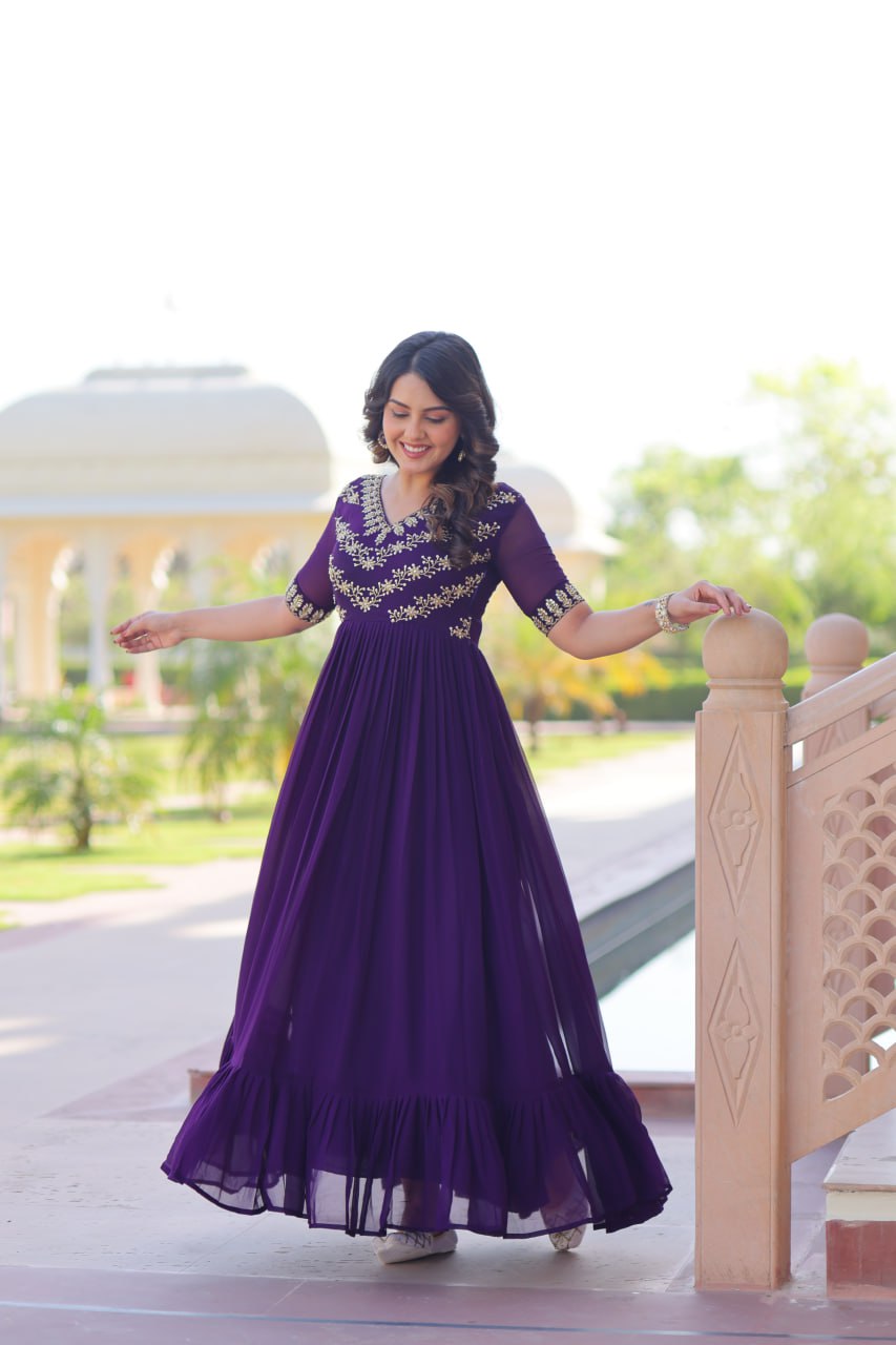 Sonakshi Women's Purple Faux Blooming Sequince Multi Threaded Beads Embroidered Work Anarkali Gown Set - Distacart