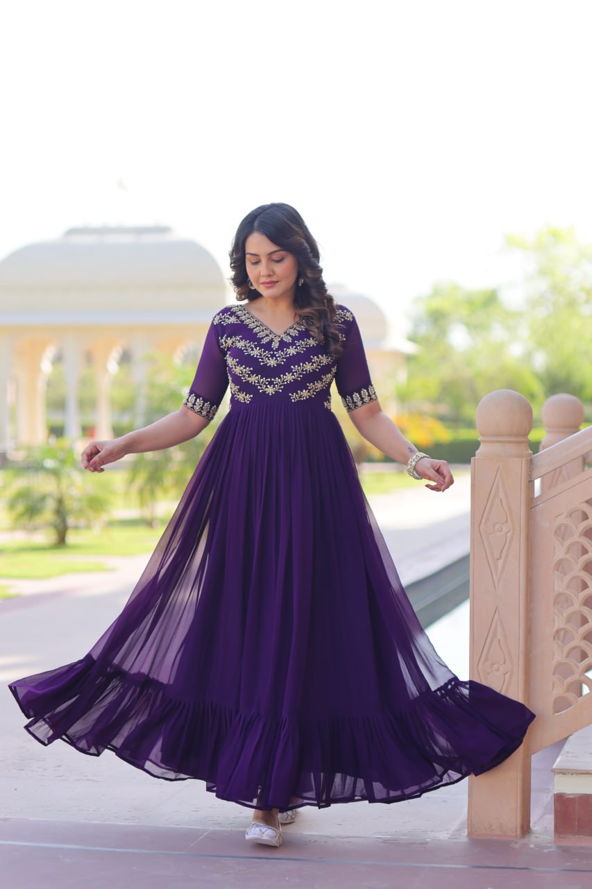 Sonakshi Women's Purple Faux Blooming Sequince Multi Threaded Beads Embroidered Work Anarkali Gown Set - Distacart