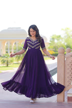 Sonakshi Women's Purple Faux Blooming Sequince Multi Threaded Beads Embroidered Work Anarkali Gown Set - Distacart