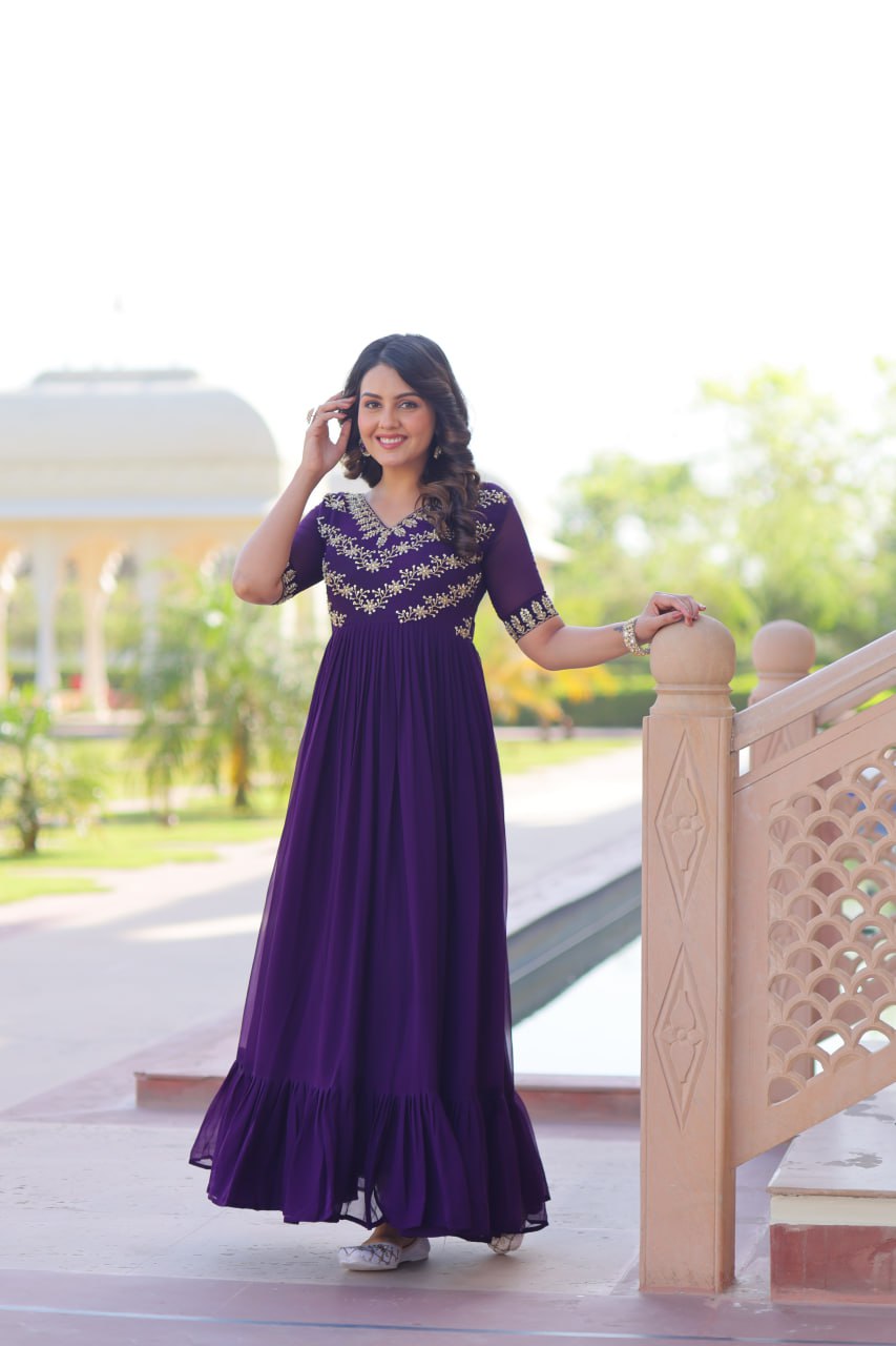 Sonakshi Women's Purple Faux Blooming Sequince Multi Threaded Beads Embroidered Work Anarkali Gown Set - Distacart