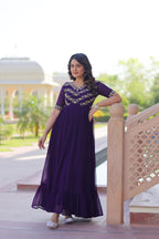 Sonakshi Women's Purple Faux Blooming Sequince Multi Threaded Beads Embroidered Work Anarkali Gown Set - Distacart