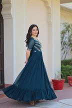 Sonakshi Women's Rama Faux Blooming Sequince Multi Threaded Beads Embroidered Work Anarkali Gown Set - Distacart