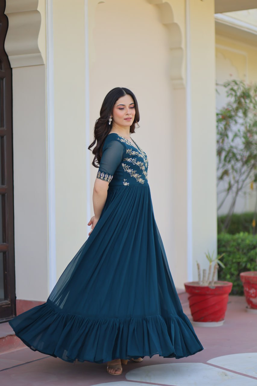 Sonakshi Women's Rama Faux Blooming Sequince Multi Threaded Beads Embroidered Work Anarkali Gown Set - Distacart