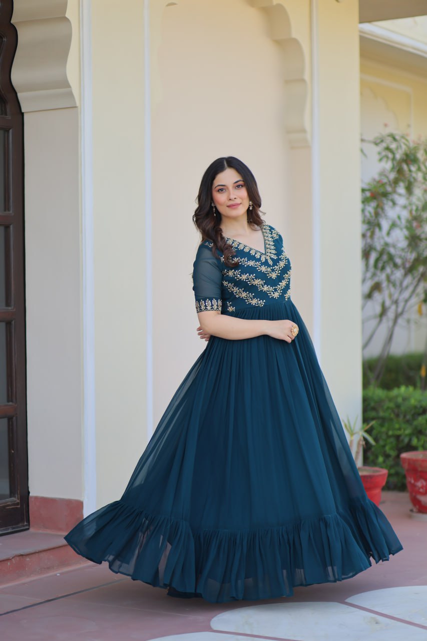 Sonakshi Women's Rama Faux Blooming Sequince Multi Threaded Beads Embroidered Work Anarkali Gown Set - Distacart