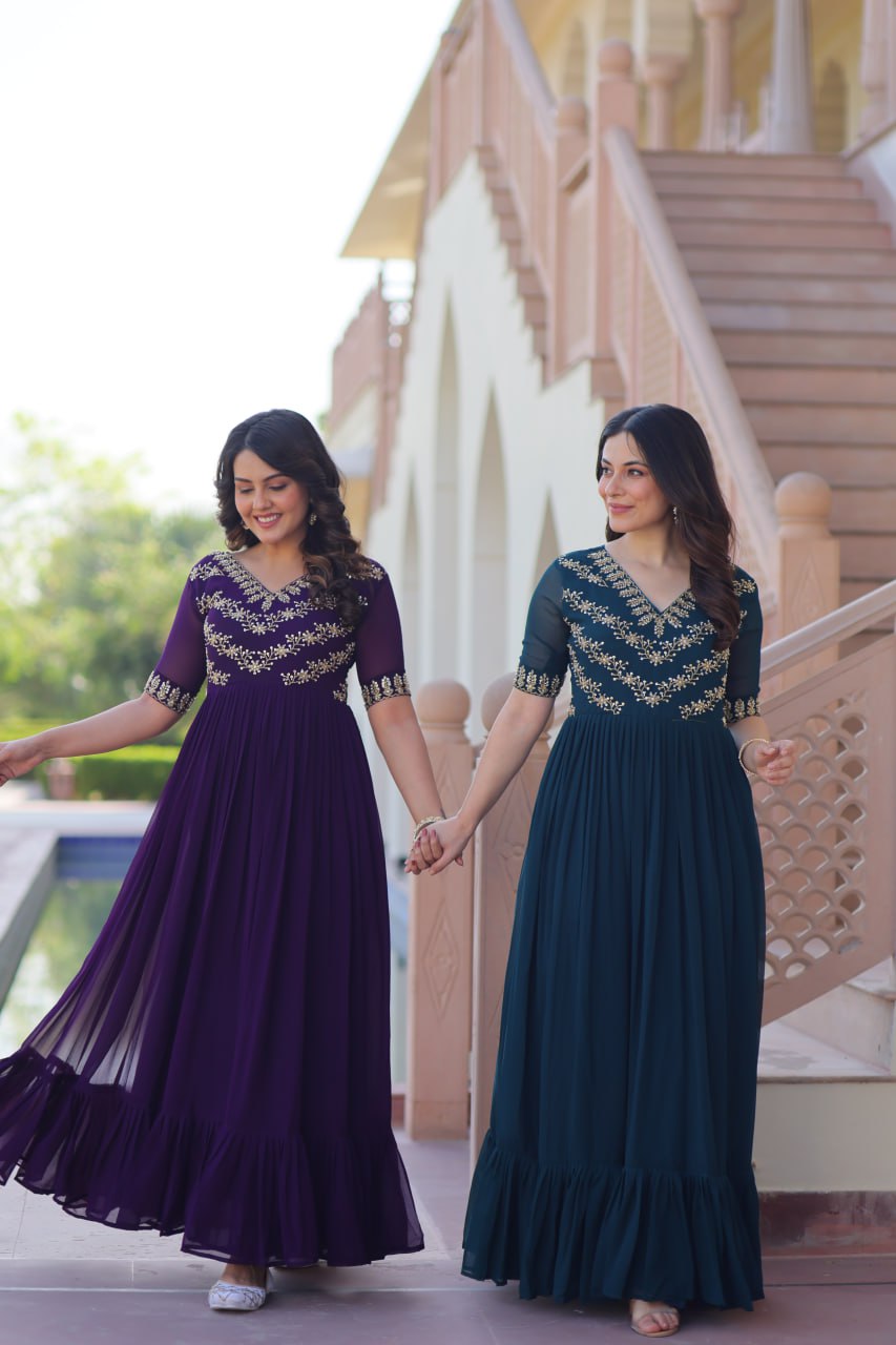 Sonakshi Women's Purple & Rama Faux Blooming Beads embroidery-work Anarkali Gown Set - Distacart