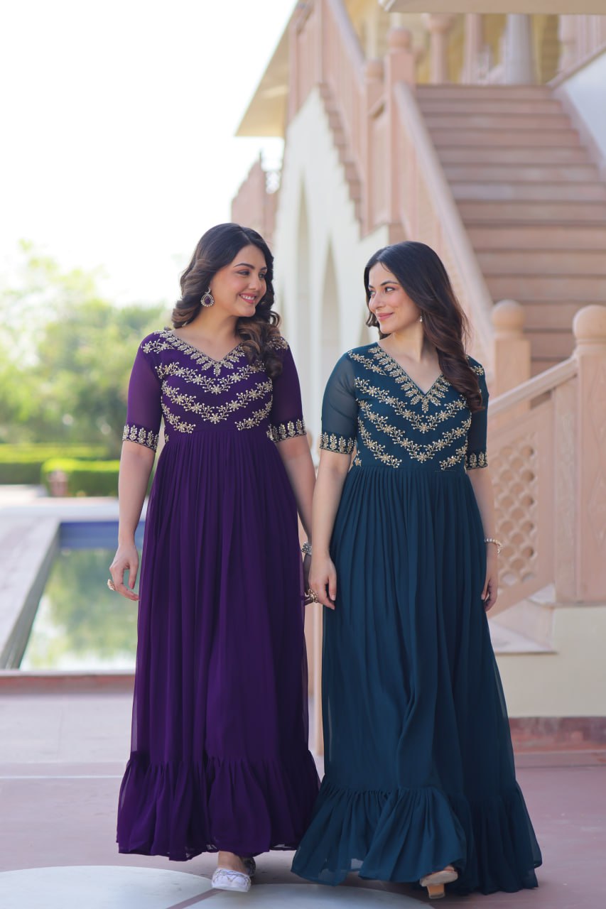 Sonakshi Women's Purple & Rama Faux Blooming Beads embroidery-work Anarkali Gown Set - Distacart