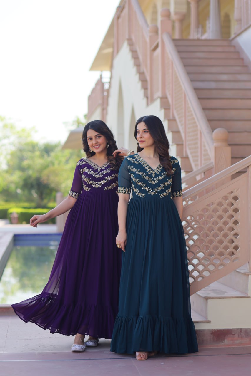 Sonakshi Women's Purple & Rama Faux Blooming Beads embroidery-work Anarkali Gown Set - Distacart
