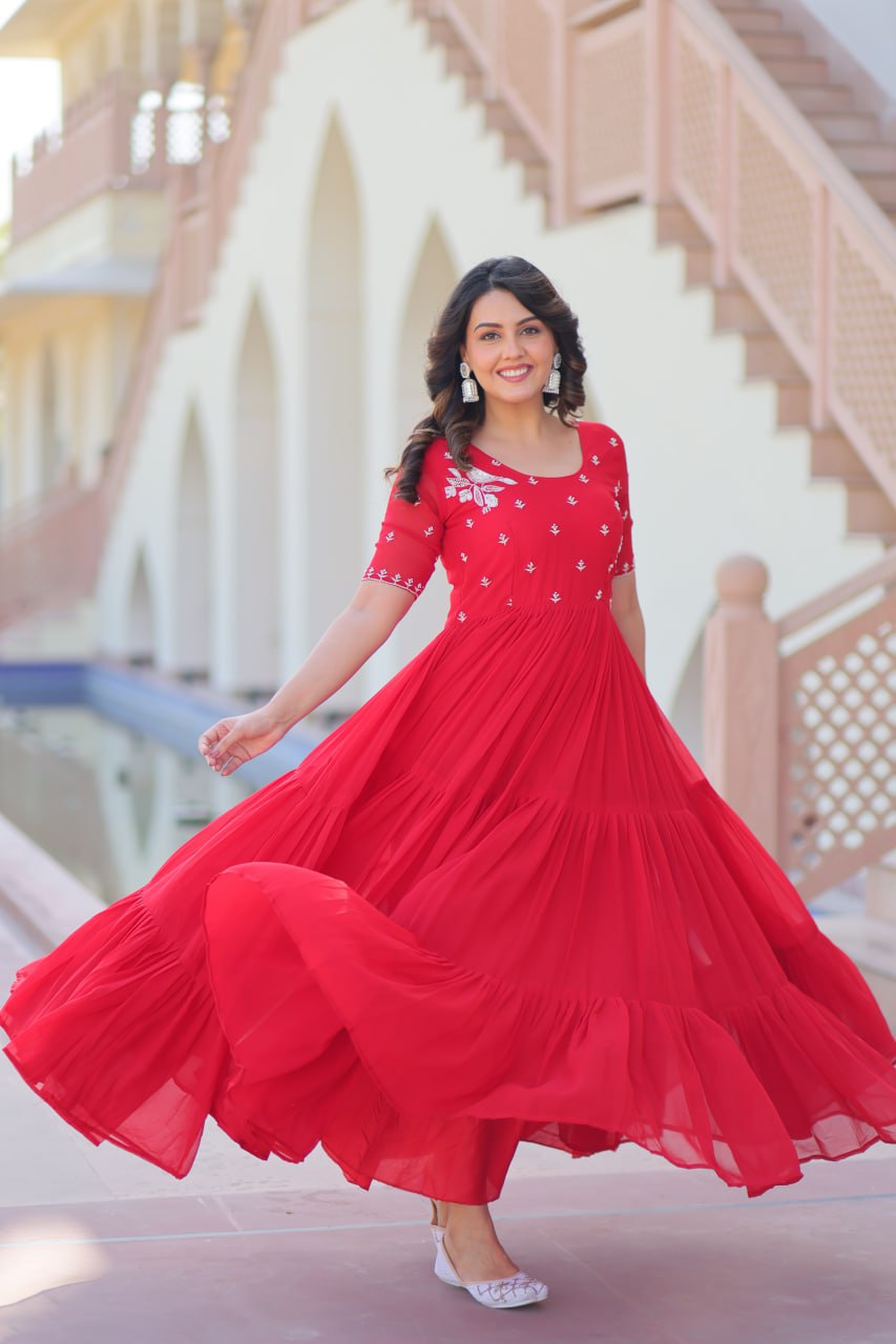 Sonakshi Women's Red Faux Blooming Beads embroidery-work Anarkali Gown Set - Distacart