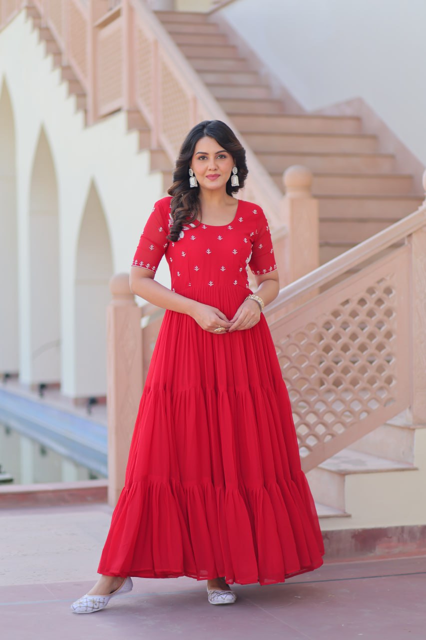 Sonakshi Women's Red Faux Blooming Beads embroidery-work Anarkali Gown Set - Distacart