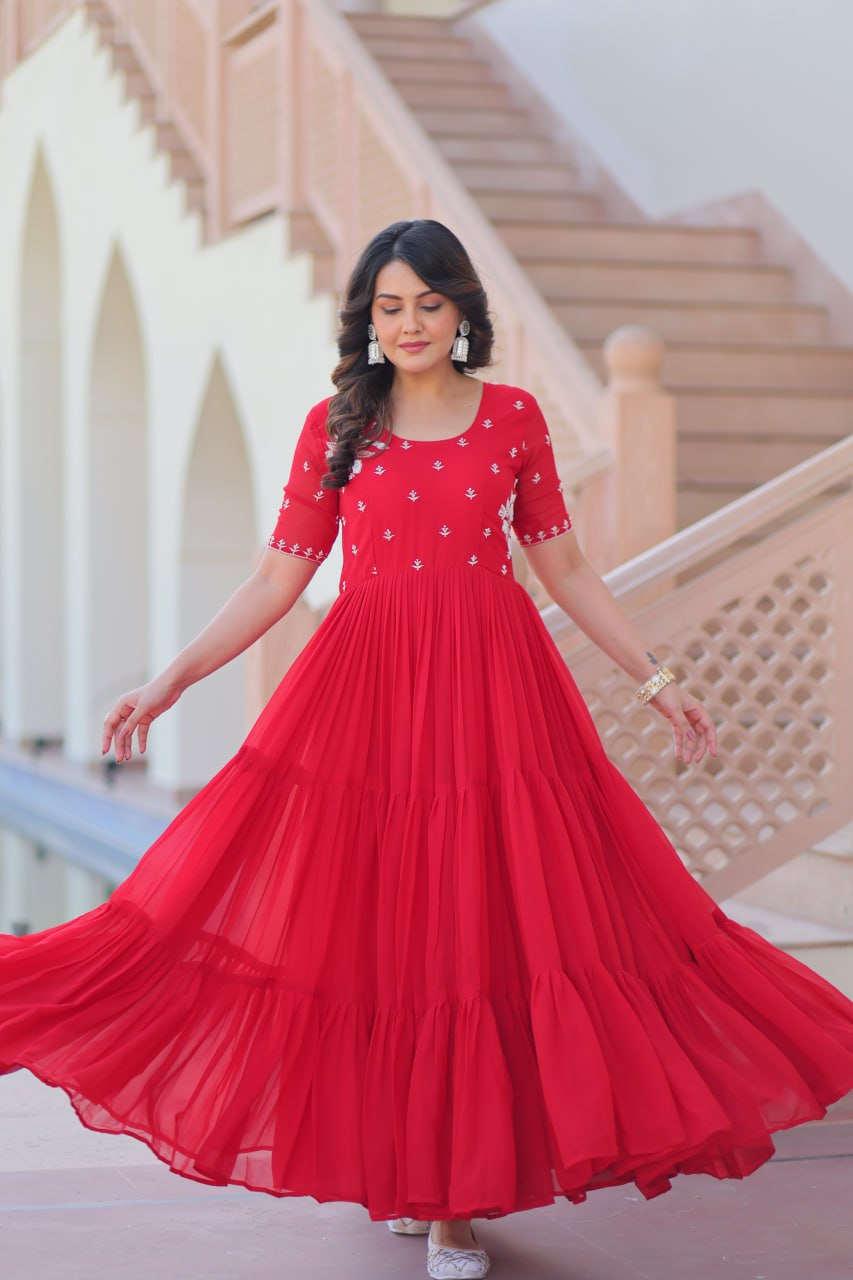 Sonakshi Women's Red Faux Blooming Beads embroidery-work Anarkali Gown Set - Distacart