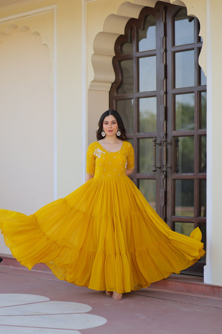 Sonakshi Women's Gold Faux Blooming Beads embroidery-work Anarkali Gown Set - Distacart