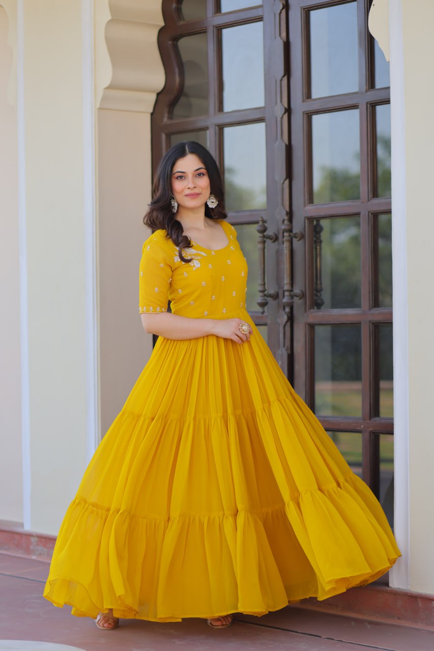 Sonakshi Women's Gold Faux Blooming Beads embroidery-work Anarkali Gown Set - Distacart