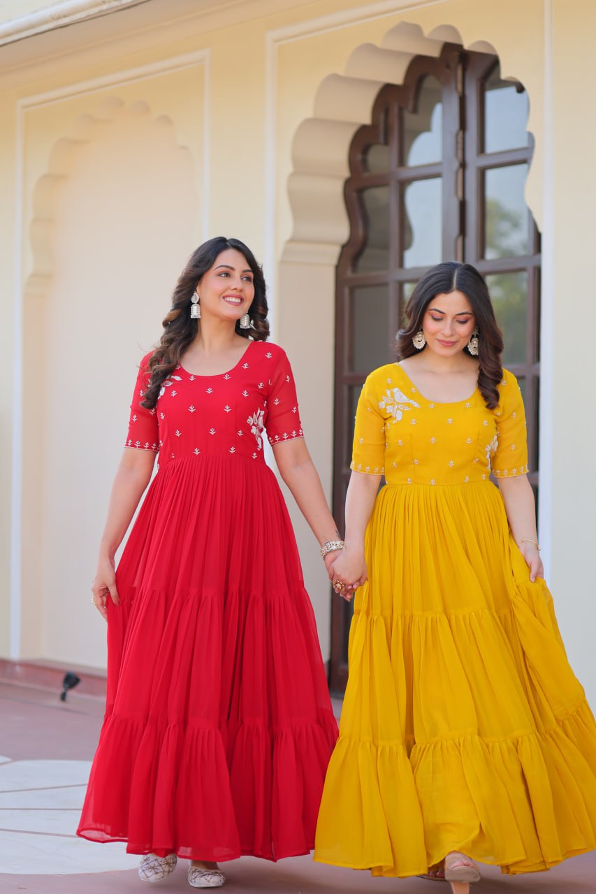 Sonakshi Women's Red & Gold Faux Blooming Beads embroidery-work Anarkali Gown Set - Distacart