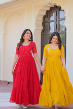 Sonakshi Women's Red & Gold Faux Blooming Beads embroidery-work Anarkali Gown Set - Distacart