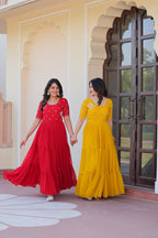Sonakshi Women's Red & Gold Faux Blooming Beads embroidery-work Anarkali Gown Set - Distacart