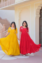 Sonakshi Women's Red & Gold Faux Blooming Beads embroidery-work Anarkali Gown Set - Distacart