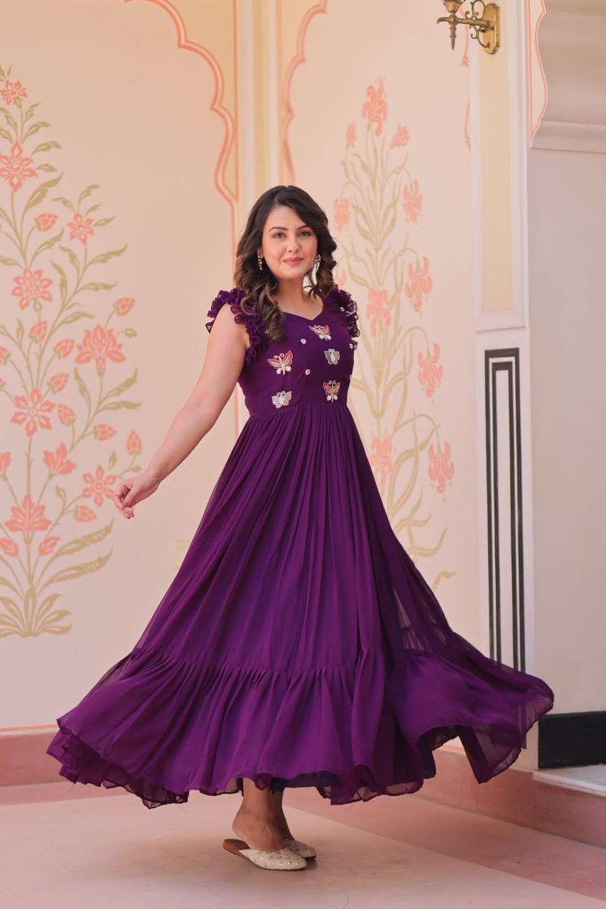 Sonakshi Women's Purple Faux Blooming Beads Embroidered work Anarkali Gown Set - Distacart
