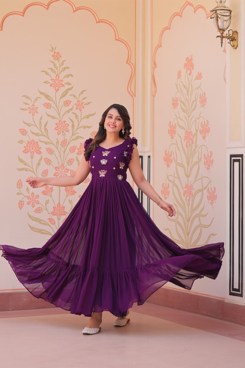 Sonakshi Women's Purple Faux Blooming Beads Embroidered work Anarkali Gown Set - Distacart
