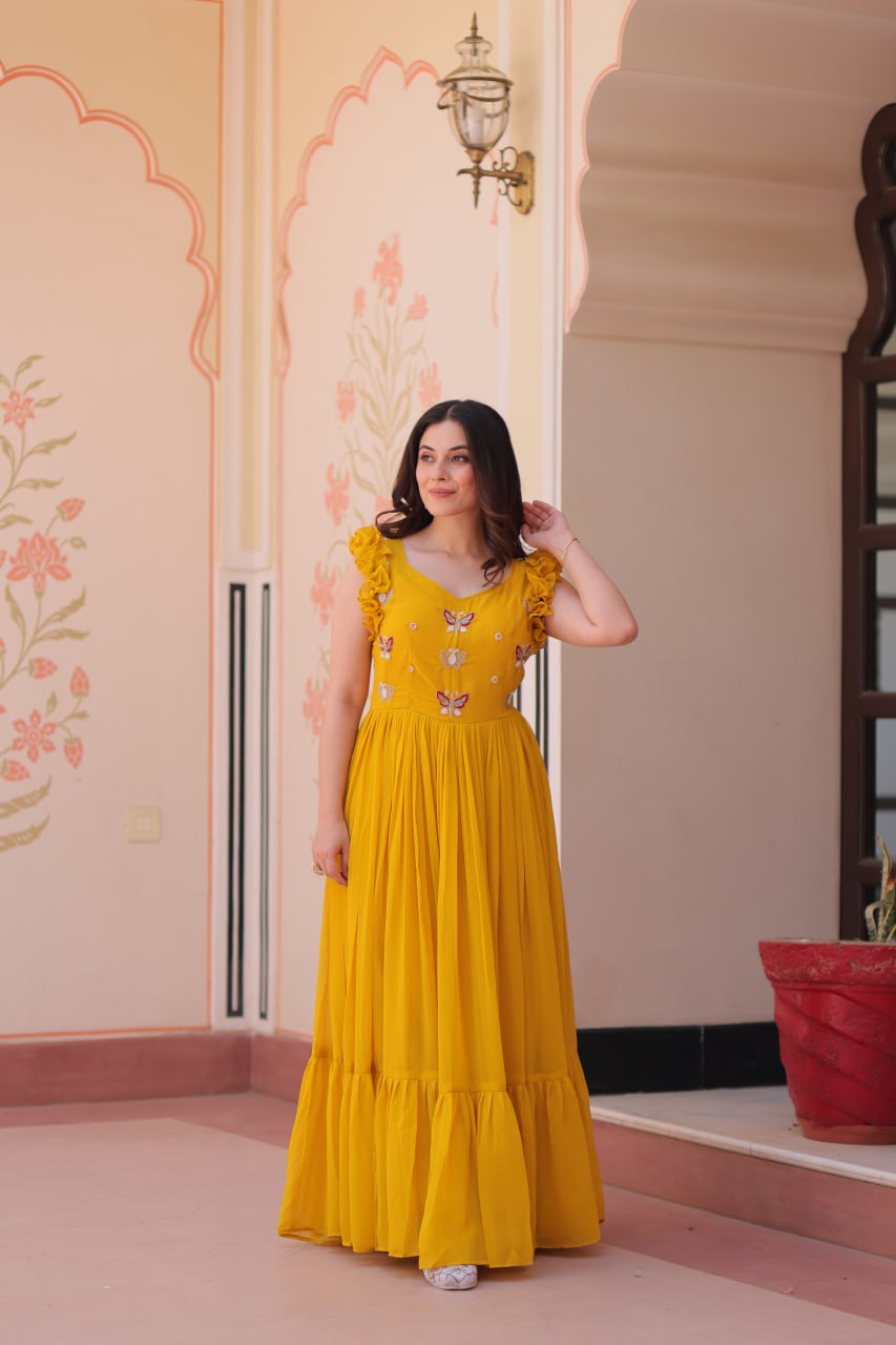 Sonakshi Women's Gold Faux Blooming Beads Embroidered work Anarkali Gown Set - Distacart