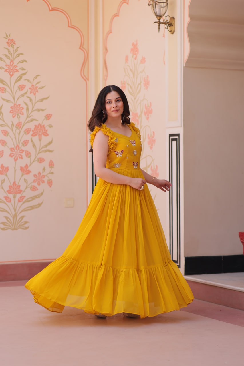 Sonakshi Women's Gold Faux Blooming Beads Embroidered work Anarkali Gown Set - Distacart